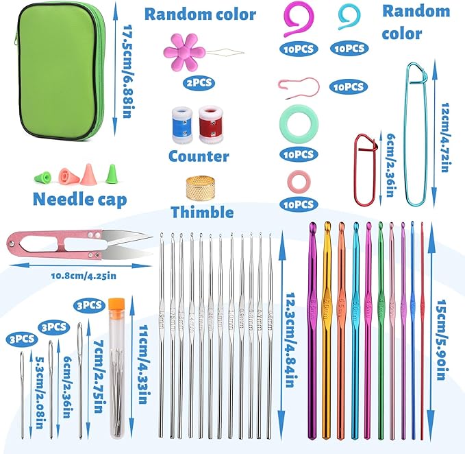 96 PCS Crochet Needles Set, Crochet Hooks Kit with Storage Bag, Metal Crochet Hooks with Stitch Markers, Large-Eye Blunt Needles for Crochet Lovers (Green)