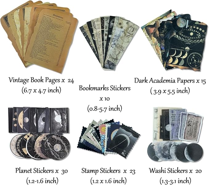Vintage Aesthetic Scrapbook Supplies Kit with Scrapbook Paper, Stickers for Scrapbooking, DIY Albums, Junk Journals, Bullet Journals, Celestial Universe Planets Space Collage Decor (Dark4 125 Pcs)