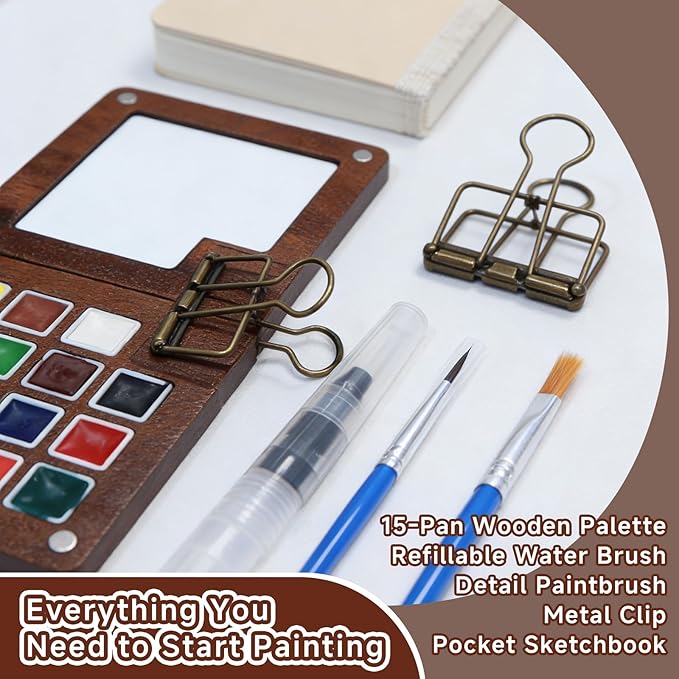 BOSNAL 15 Well Travel Watercolor Set with 3 Professional Brushes (Flat/Pointed/Water), Portable Wood Palette Kit with Sketchbook & Clip, Outdoor Art Supplies for Urban Sketching & Plein Air