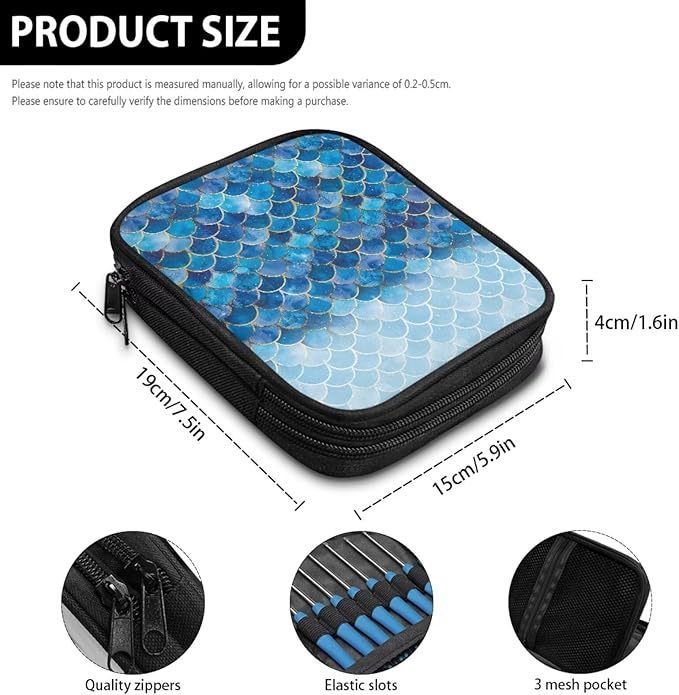 Hechitok Mermaid Scales Blue Crochet Hooks Case Zipper Bags Portable Crochet Storage Bag with Web Pocket and Crochet Holder Slots for Carrying Various Crochets Needles
