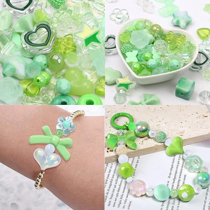 Assorted Acrylic Beads for Bracelet Making Kit, 150g Green Cute Beads for Keychain Making, Kandi Charms, Kawaii Jewelry Making, DIY Crafts