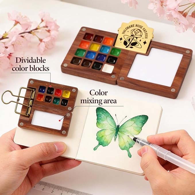 Mini Watercolor Travel Paint Set, 8 Grid Mini Portable Watercolor Palette with A Clip, Wooden Mini Paint Palette with Colours, Book, Binder Clips, Watercolor Pens for Painters Artists Students