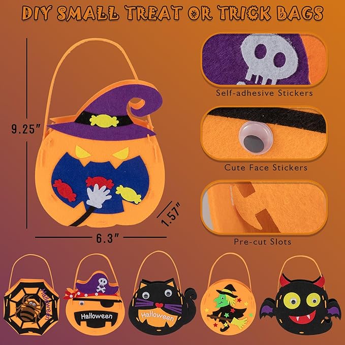 6 Set DIY Trick or Treat Bag Kit, Make Your Own Halloween Candy Bags Goodie Bags, Felt Craft with Stickers for Kids Halloween Party Favors