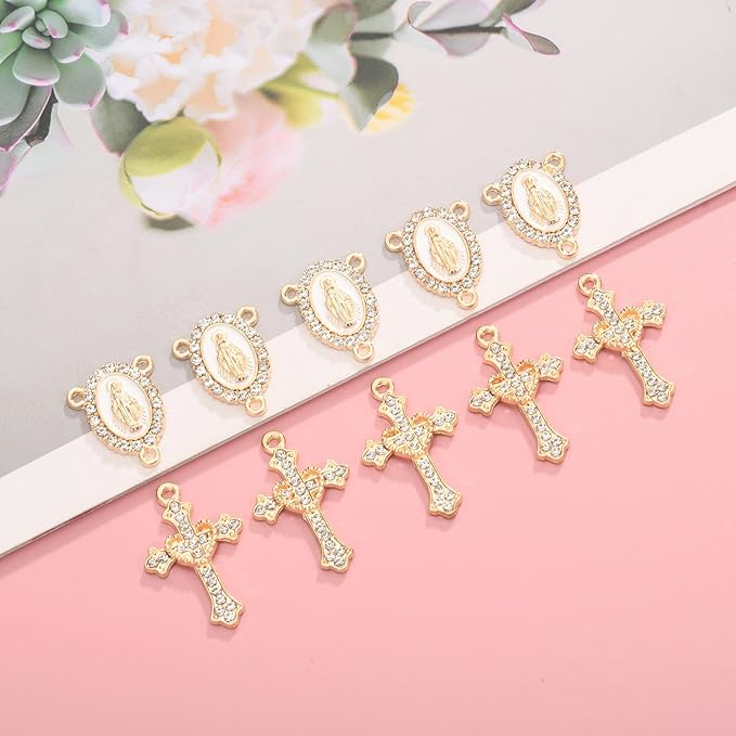 Jiali Q 20 Piece Set Rhinestone Cross Connectors and Pendants for Jewelry Making (Gold Our Lady of Grace)