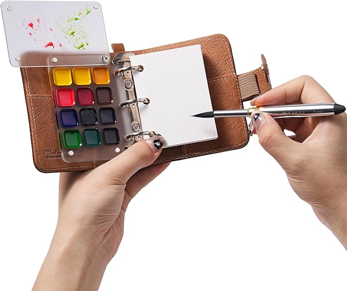 Fuumuui Watercolor Sketchbook Set – Refillable 12-Color Travel Paints Kit & 100% Cotton Cold Press 20 Sheets Art Journal with Dual-Tip Travel Brush for Artists Outdoor Painting - Small