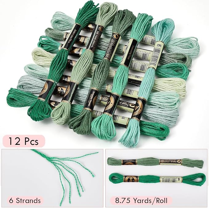 12 Skeins 105 Yards 6 Ply Variegated Embroidery Thread Floss Green Gradient Crewel Friendship Bracelet String Cross Stitch Floss Yarn Thread Bulk for Hand Sewing Jewelry Needlecraft Knitting