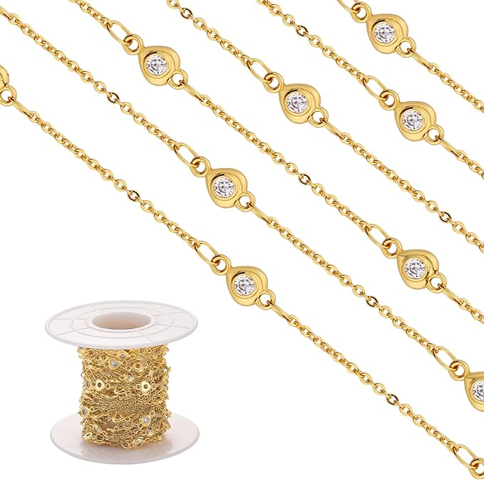 3.28 Feet 1M Clear Cubic Zirconia Heart Link Chains Real 18K Gold Plated Cable Link Chain Unwelded Metal Chain for Jewelry Necklace Making