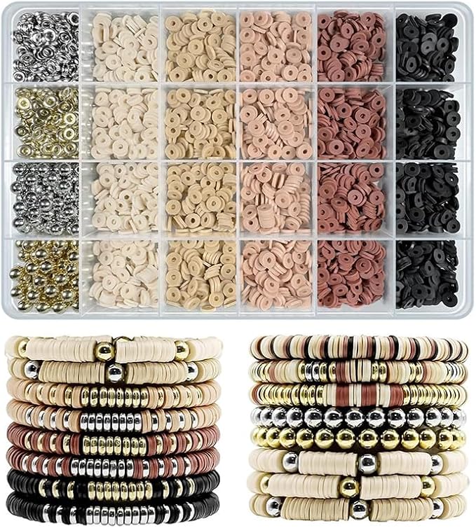 Believo Polymer Clay Beads Kit for Jewelry Crafting with Elastic Cord – Flat Heishi Beads & Spacer Pieces for Bracelets & Necklaces (Black & Coffee)