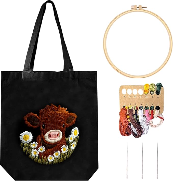FSSODWT Embroidery Kit Canvas Tote Bag, Canvas Handbag Embroidery Kit for Beginners with Pre - Printed Highland Cow Pattern - DIY Needlepoint Crafts with Hoops Threads Needle for Adults
