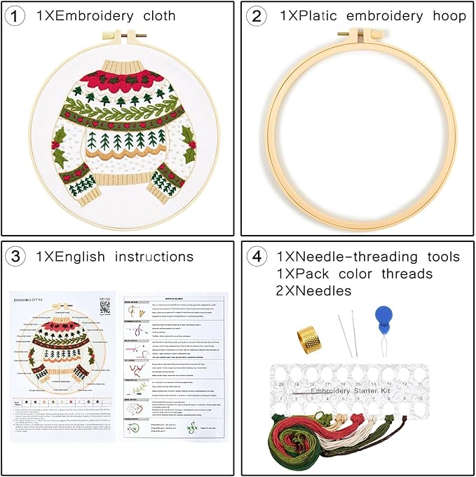 Crafmanoe Christmas Embroidery Kits for Beginners Embroidery Stitches Practice Kits for Adults, Christmas Cross Stitch Kits for Beginners Craft Kits, Embroidery Hoops, Fabric, Threads & Video Tutorial
