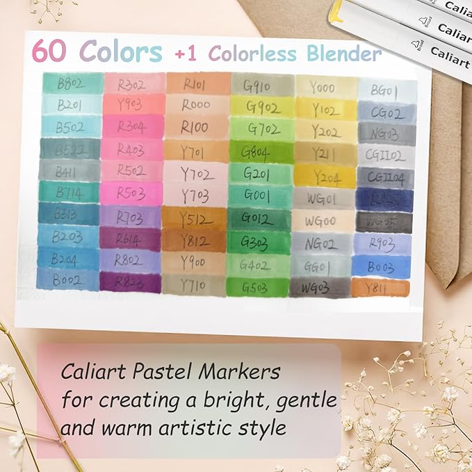 caliart pastel markers, 61 colors dual tip art markers sketch pens permanent alcohol based, with case for adults artists drawing illustration sketching coloring