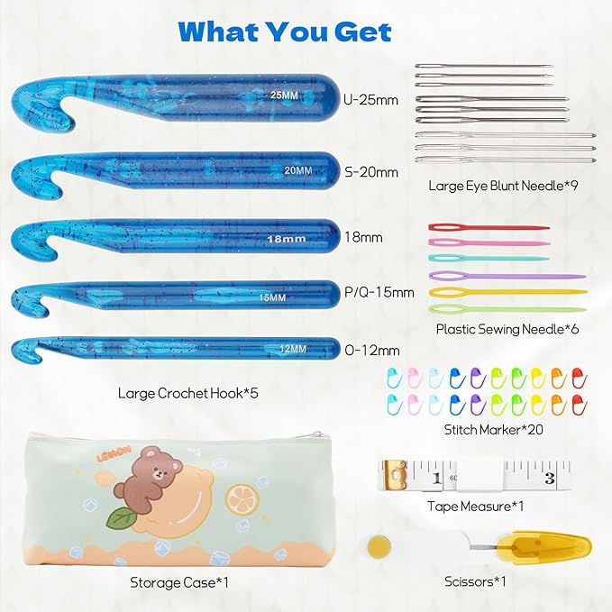 BsHooker 43Pcs Crochet Hooks Set,Plastic Crystal Crochet Hook with Case,5 Sizes Large Crochet Hooks for Chunky Yarn Ergonomic Crochet Needles for Beginners and Crocheting Yarn 12mm-25mm,Blue