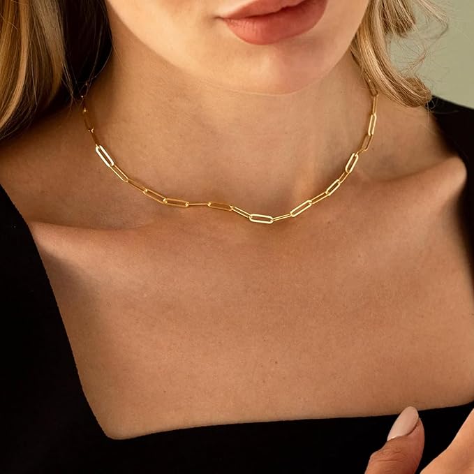 10 Pcs Paperclip Chain Necklace for Women 18 Inch Stainless Steel Gold Silver Charm Necklace Chains Adjustable Link Chains with Lobster Clasps Polishing Cloth for DIY Women Jewelry Making Supplies