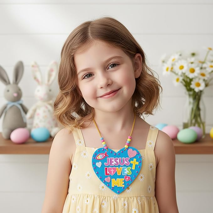 BeYumi Easter Necklace Craft Kit - 24Pcs Easter Christian Heart Felt Jesus Loves Me Necklace Making Kits With Gem Sticker DIY Religious Craft for Kids Sunday School Classroom Activity Gift Party Favor