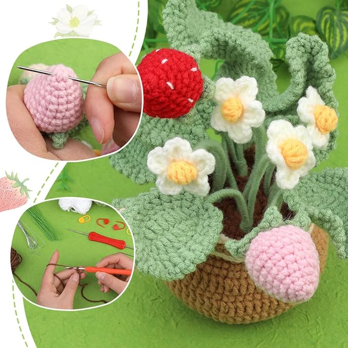 kgxulr Crochet Kit for Beginners, Strawberry Crochet Kit Beginner Crochet Starter Kit for Complete Beginners Adults, Crocheting Knitting Kit with Step-by-Step Video Tutorials (Strawberry)