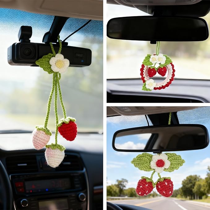 Crochet Kit for Beginners,Crochet Strawberry Ornaments,Plant Hanging Decorations with Step-by-Step Video Tutorials, 3 Pack Strawberry Decor