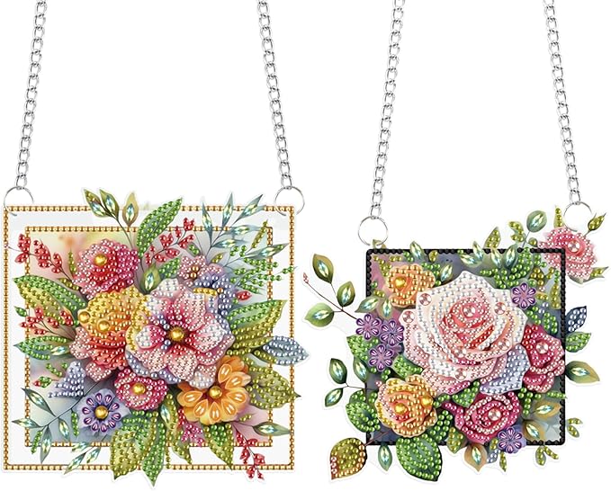 LazyFold 2 Pcs DIY Acrylic Diamond Art Painting Flowers Kits Special Shaped Rhinestone 5D Diamond Art Window Pendants Home Garden Wall Hanging Kits Hanging Ornament