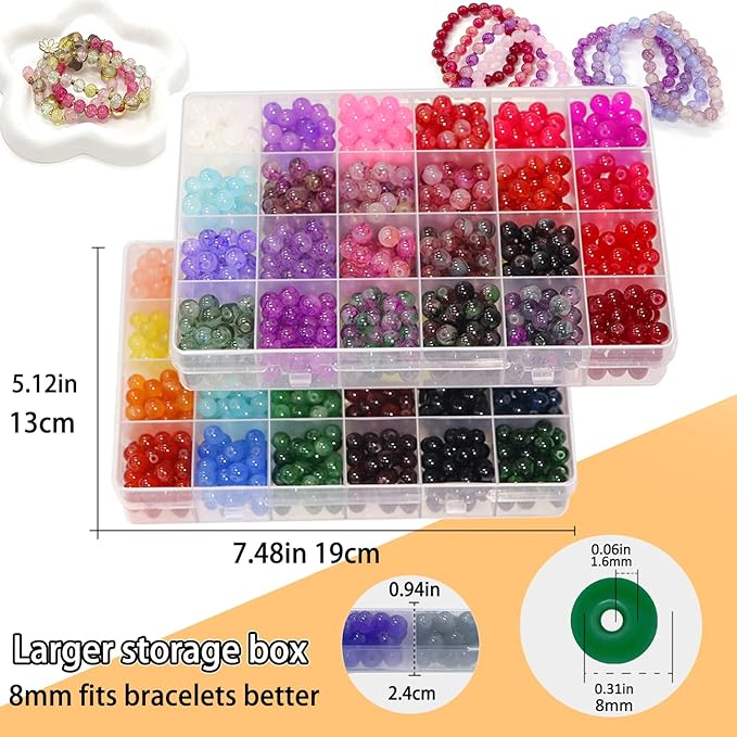 LIS HEGENSA 8MM 48Color Glass Beads for Bracelet Making Kit, 1700pcs+ Round Crystal Glass Beads Jewelry Making Kits, Bead Starter Kit for DIY Crafts,Friendship Bracelets (48Color(1700PCS))