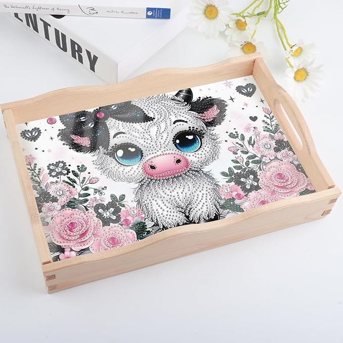 AiYuanzsh Cow Diamond Art Tray with Handle, 5D Diamond Painting Tray DIY Plate Kit for Adults, Decorative Diamond Art Organizer for Coffee Table or Living Room
