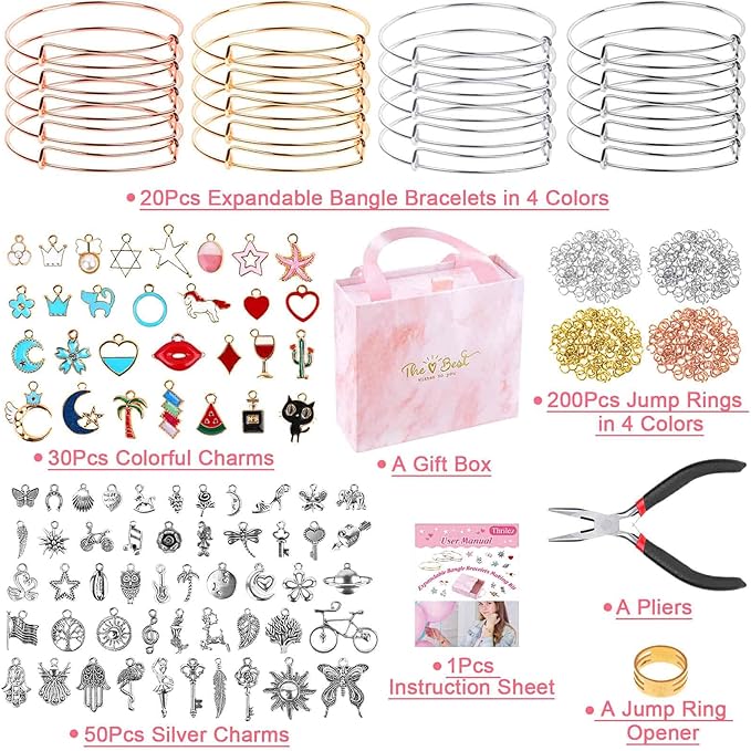 Thrilez 300Pcs Charm Bangle Bracelets Making Kit with Expandable Bangles, Charms, Jump Rings and Pliers for Jewelry Making Bangle Bracelets (with Gift Box and Tools)