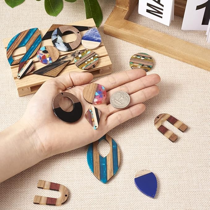 Beadthoven 16pcs/8 Pairs Colorful Ethnic Natural Wood Resin Charms DIY Earrings Pendants Mixed Shapes Wooden Pieces Pendants for Statement Jewelry Making Findings
