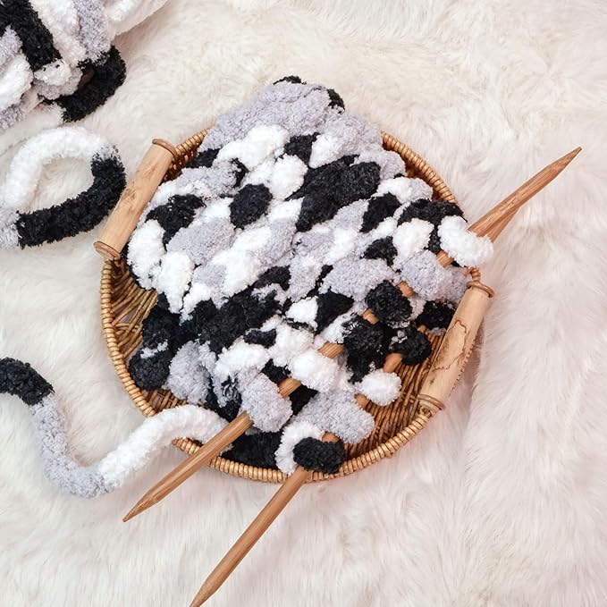 White+Light Gray+Black Chunky Chenille Yarn for Crocheting Bulky Thick Fluffy Yarn for Knitting,Super Bulky Hand Blanket,Soft Plush Yarn Crochet Carpet 8 Jumbo Pack(63.76oz/197.68yd