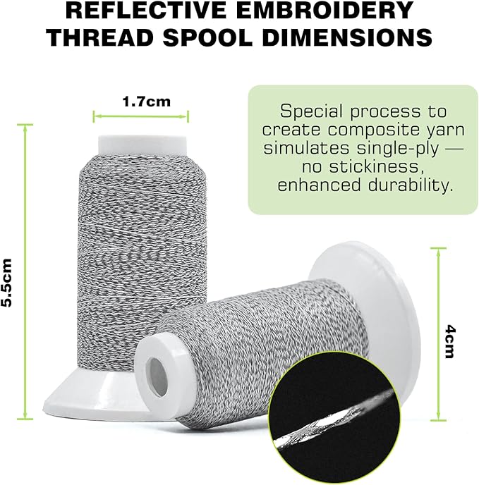 Reflective Embroidery Machine Thread Kit Improved Visibility, 2 Spools Sewing Polyester Thread 200M(218Yds) Each Spool Ideal for Home Machine & Hand Embroidery and Sewing Supplies (Gray)