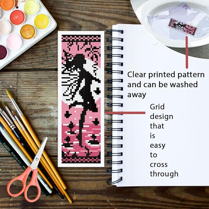 ORIGACH 6 Set Fairy Silhouette Cross Stitch Bookmark Kit for Beginner with Backing Felt Floss Instructions DIY Stamped Embroidery Bookmark Kit for Adults, Book Lovers