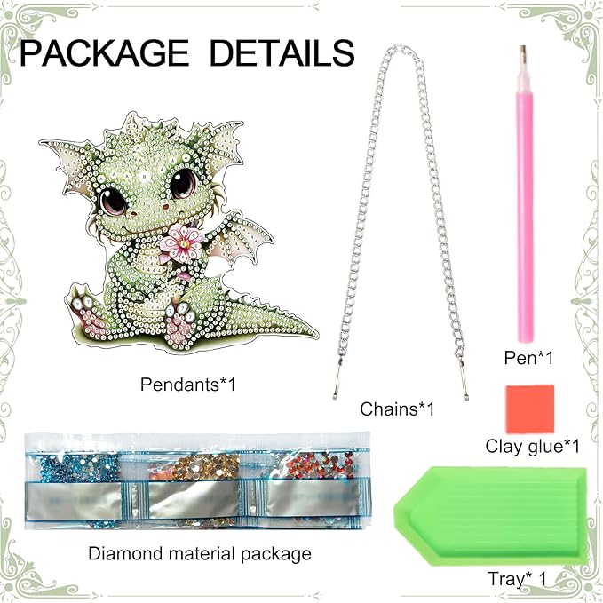 Green Dragon Diamond Painting Kit – 5D DIY Acrylic Pendant with Special Shaped Rhinestones, Cute Fantasy Animal Hanging Ornament for Wall, Window, Door, or Car Mirror Décor, Gift for Adults and Teens