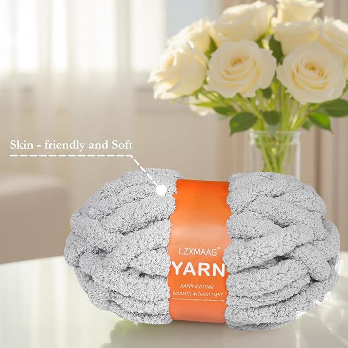 Chunky Yarn for Hand Knitting and Blankets – Super Soft Jumbo Chenille Yarn Pack for Crocheting, Bulky DIY Projects, 8 Skeins(Smoke Grey)