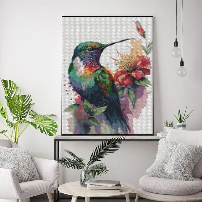Hummingbird Stamped Cross Stitch Kits，Needlepoint Cross-Stitch Patterns Dimensions Needlecrafts Embroidery Kits，DIY Art Bird Home Wall Decor Perfect for Relaxation 15.7x11.8 Inches