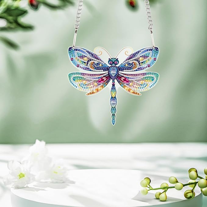 AiYuanzsh Animal Dragonfly Diamond Painting Kit Ornament with Hanging Chain DIY Diamond Art Acrylic Crystal Hanging Pendant Paint by Number Stained Glass Wall Art for Adults Home Wall Decor Gift