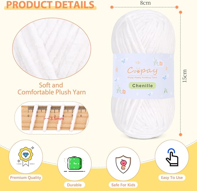 Coopay Chenille Yarn for Crocheting, 8 Pack Medium Weight Yarn - CYC #4 - Total 520yd, Soft Crochet Yarns for Plush Toys, Blankets, Scarves (White)