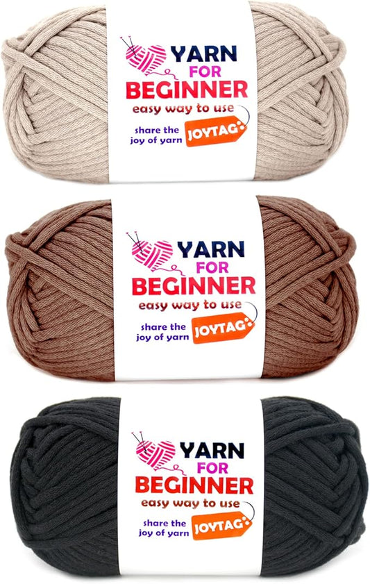 Cotton Crochet Knitting Yarn for Beginners - Easy-to-See Stitches Cotton-Nylon Blend - Crochet Kit (3x50g) - Black, Coffee, Beige