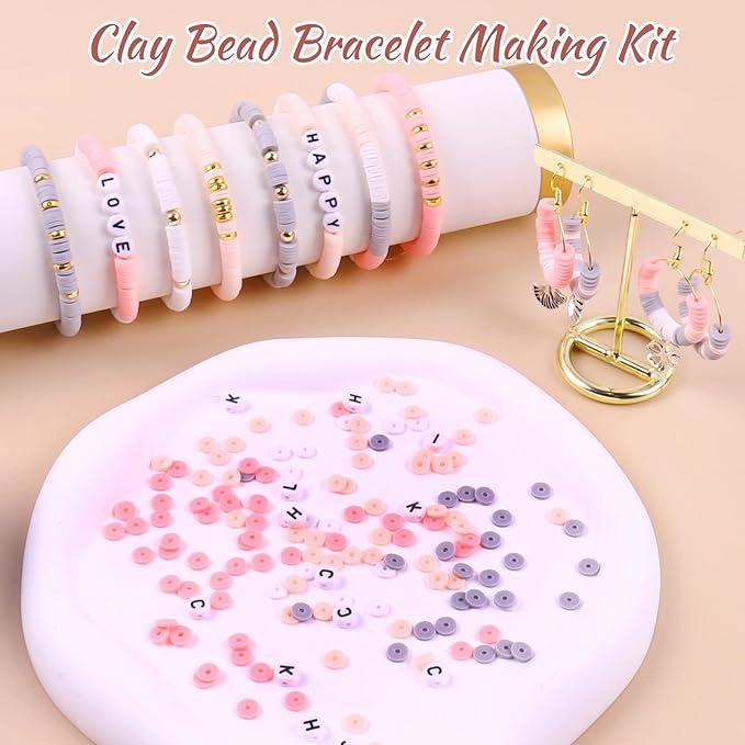 Wuollgess 3500 PCS Pink Gray Clay Beads for Bracelet Making Kit, Polymer Heishi Beads for Jewelry Making, Friendship Bracelet Kit for Adults, Spacer Letter Beads for Necklace Earring DIY