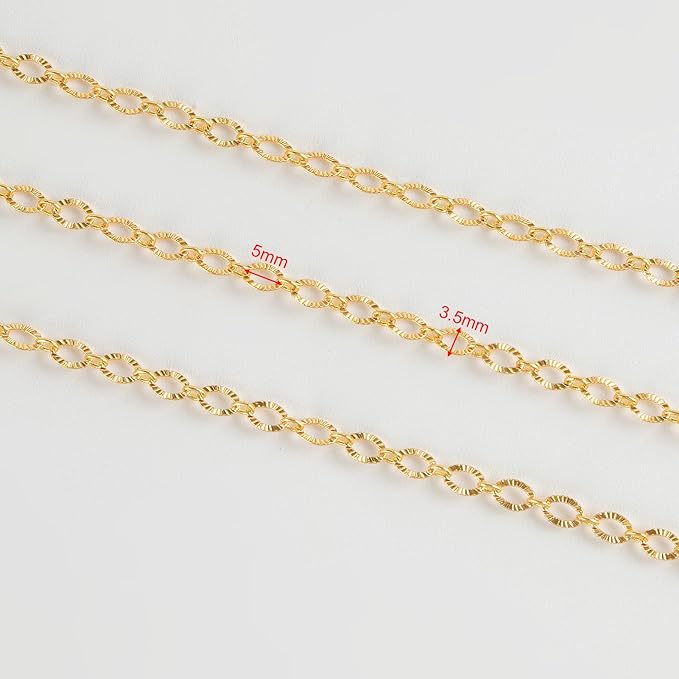 5 Meters 18K Gold Plated Chain for Jewelry Making, Shiny Light Gold Embossed Oval Cable Link Chain Spool Women Necklace Bracelet DIY Jewelry Findings