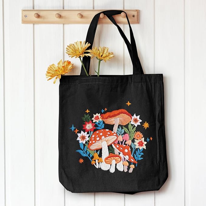 Louise Maelys Embroidery Kit Canvas Tote Bag for Beginners,Cross Stitch Kits for Adults,Arts Crafts Needlepoint with Mushroom Flower Pattern,Women Shopping Reusable Grocery Bags