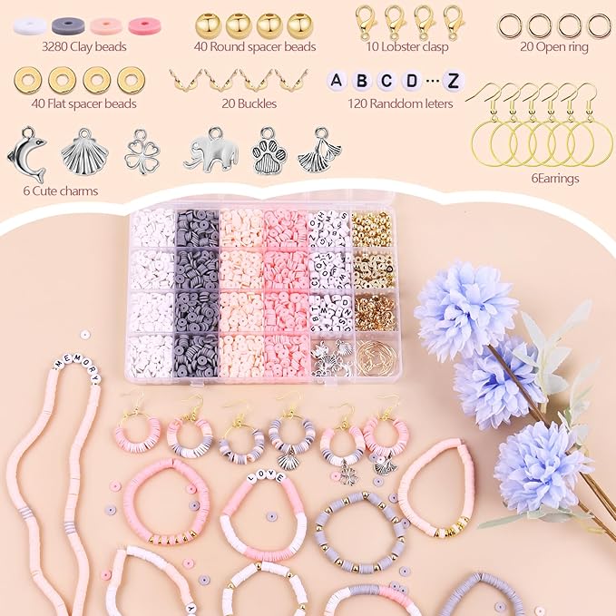 Wuollgess 3500 PCS Pink Gray Clay Beads for Bracelet Making Kit, Polymer Heishi Beads for Jewelry Making, Friendship Bracelet Kit for Adults, Spacer Letter Beads for Necklace Earring DIY