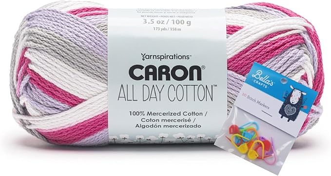 Caron All Day Cotton Yarn - 100g/3.5oz - 100% Mercerized Cotton - 173 Yards Bundle with Bella's Crafts Stitch Markers (Lavender Haze)
