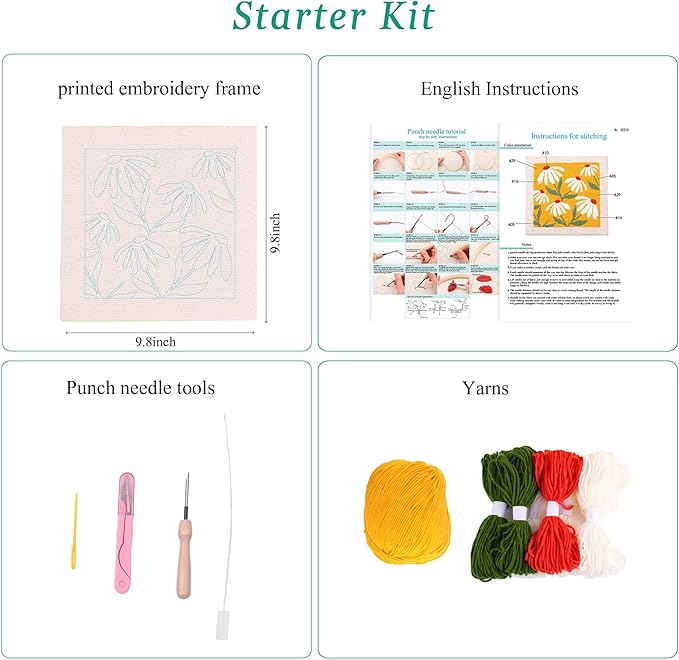 embroidery punch needle kit frame, embroidery starter kits for beginner kids,punch needle fabric with pattern,threader, yarns,embroidery hoops & rug punch (yellow)