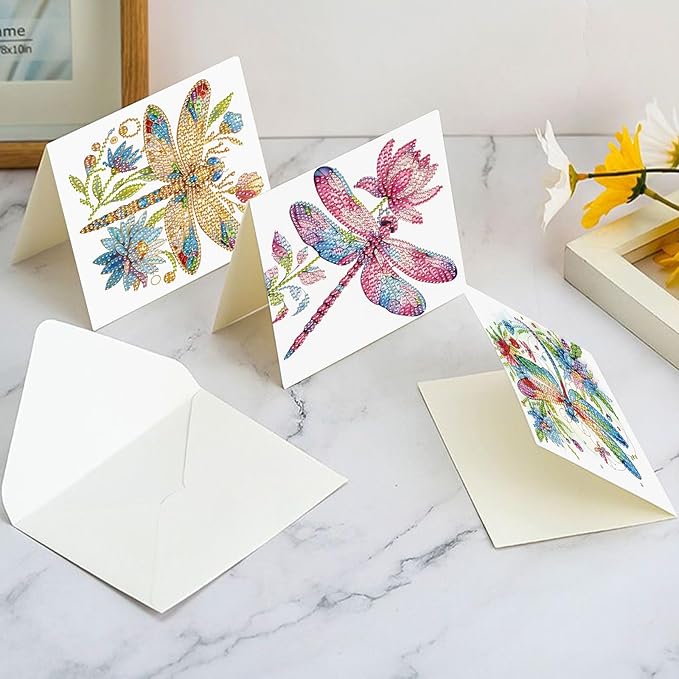 6pcs 5D DIY Diamond Painting Kit Greeting Card,Diamond Handmade Greeting Card with Envelope, Holiday Gift Congratulations Colourful Dragonfly