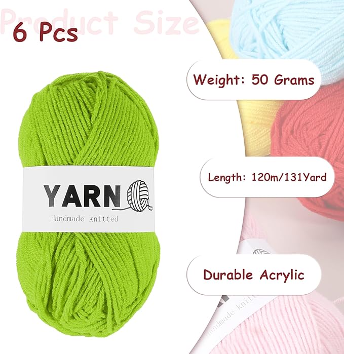 6Pcs Bright Green Acrylic Yarn 790 Yard 4 Ply Soft Crochet Yarns Sport Weight Yarn,[for DIY Crocheting Knitting Craft Blankets Hats]-300g