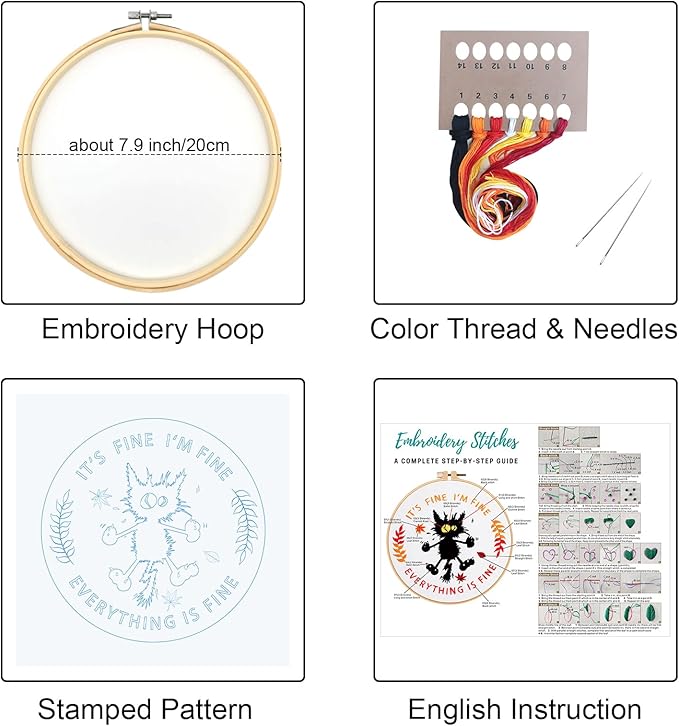 Louise Maelys Cute Cat Embroidery Kits for Beginners with Funny Animal Pattern,Adults Starter Cross Stitch Kit DIY Needlepoint Everything is Fine