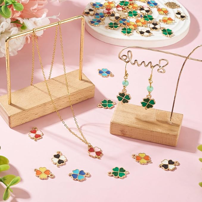 Cheriswelry 50Pcs Clover Charms Enamel Alloy Gold Plated Pendants Shamrock Four Leaf Lucky Pendants 18x12x1.3mm for St. Patrick's Day Decoration Necklace Bracelet Earring DIY Jewelry Making