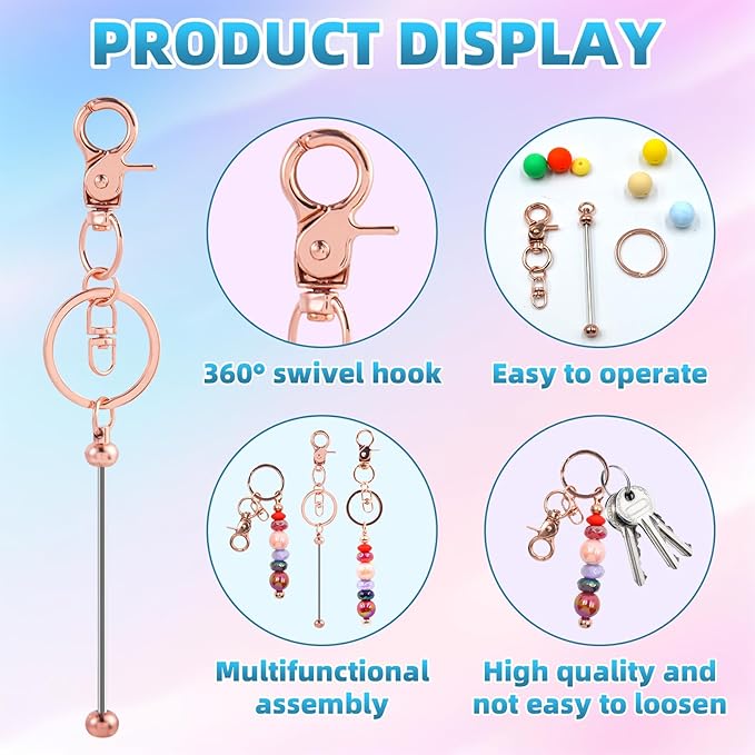 60 Pcs Beadable Keychains Bulk Kit – DIY Keychain Making Supplies with Metal Blanks for Crafts, Jewelry, Charms, Custom Projects – Blank Chain Bars for Beaded Keychain Design (Rose Gold)