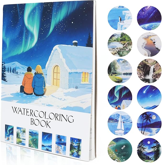 RGBMIX Nature Scenes Watercolor Paper Pad Cotton 140lb/300gsm 12 Sheets Watercolor Coloring Book 9x12'' Pre-Printed Line Art of Aurora, Waterfall, Forest, Glacier for Watercolor, Acrylic, Pencil
