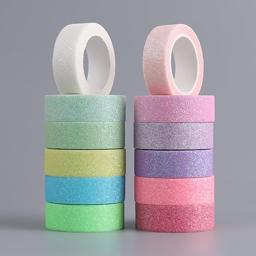 12 Rolls Glitter Washi Tape Set – 15mm Macaron Cute Colored Masking Tape, Sparkle Decorative Tape for DIY, Art, Scrapbook Tape, Decor & Crafts