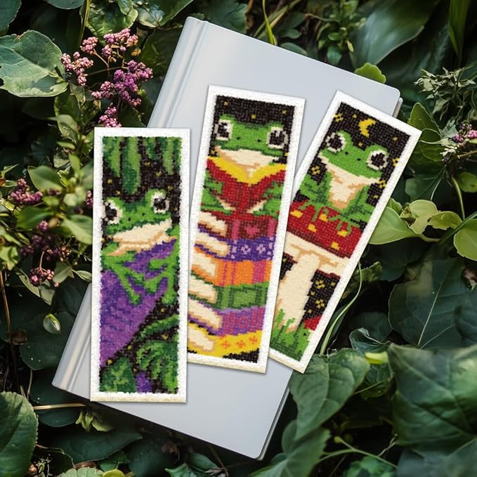 ORIGACH 6 Set Frog Cross Stitch Bookmark Kit for Beginner with Backing Felt Floss Instructions DIY Stamped Embroidery Bookmark Kit for Adults, Book Lovers
