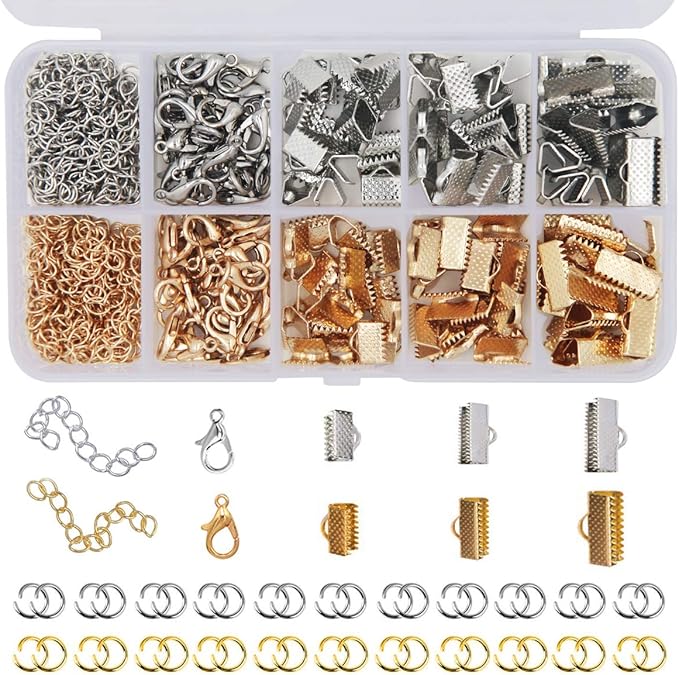EuTengHao 440Pcs Ribbon Bracelet Kit Bookmark Pinch Crimp Ends Jewelry Findings Supplies Includes Ribbon Ends Crimps Lobster Clasps Open Jump Rings and Chain Extenders (Gold and Silver)