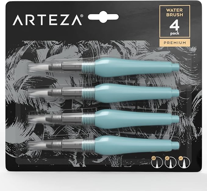 ARTEZA Water Brush Pen, Set of 4, Assorted Soft Nylon Bristle Tips, Self-Moistening Water Brush, Refillable Water Pen